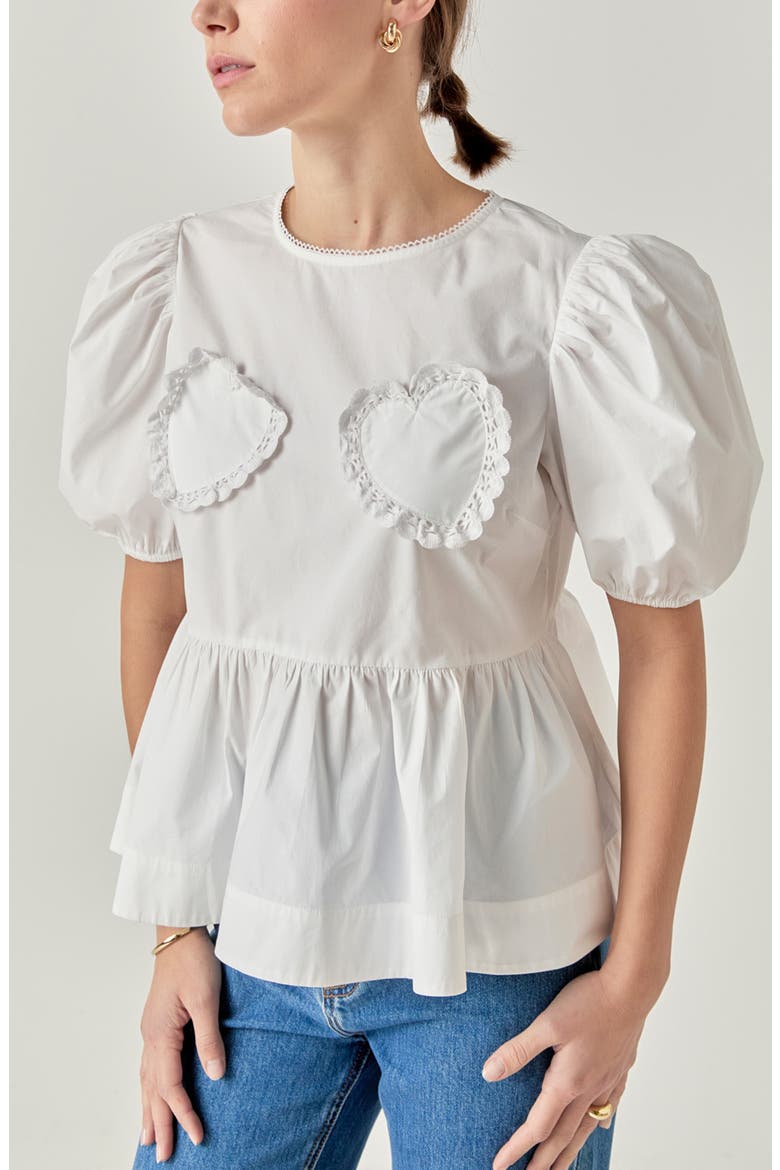 Heart Appliqué Puff Sleeve Peplum Top, Alternate, color, WHITE