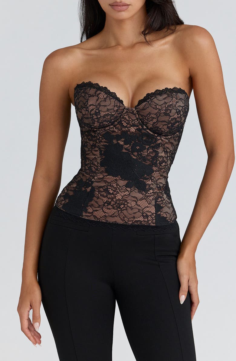 HOUSE OF CB Yara Strapless Lace Corset Top, Alternate, color, Black