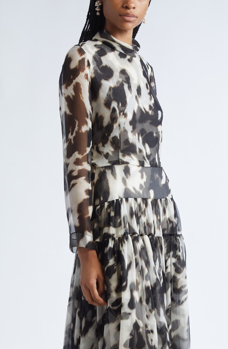 Oscar de la Renta Cow Print Long Sleeve Sheer Silk Dress, Alternate, color, Ecru/ Black