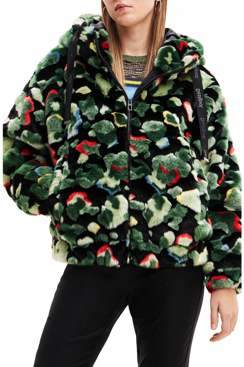 Calis Oversize Camo Faux Fur Jacket, Main, color, GREEN