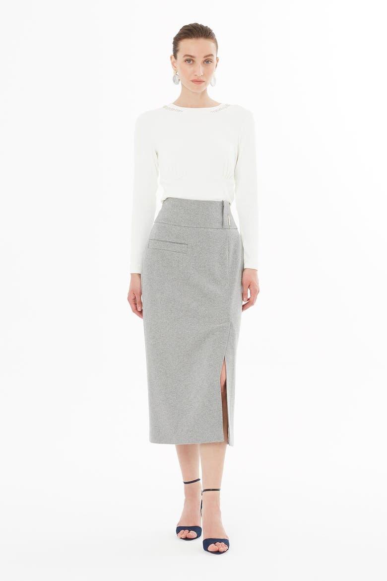 Skirt with Front Slit, Pockets and Belt Detail, Main, color, Grey