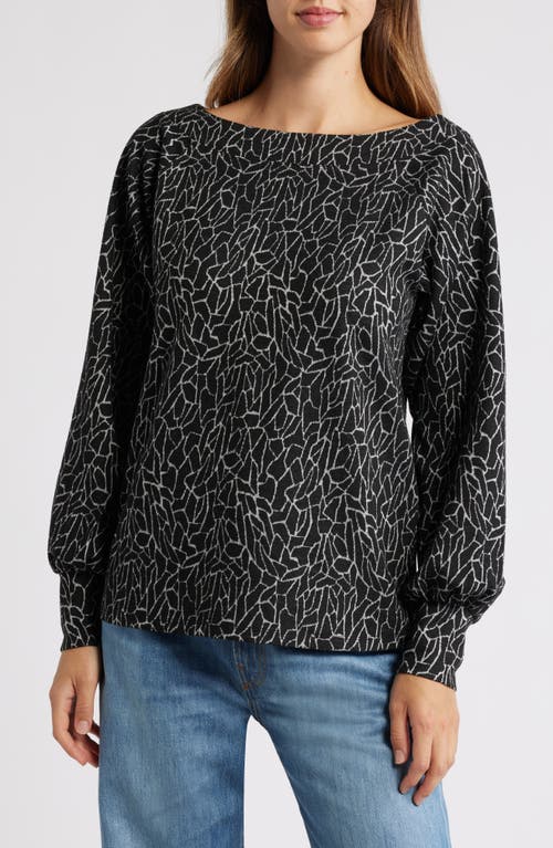 Bobeau Mosaic Print Off the Shoulder Knit Top in Black Mosaic 