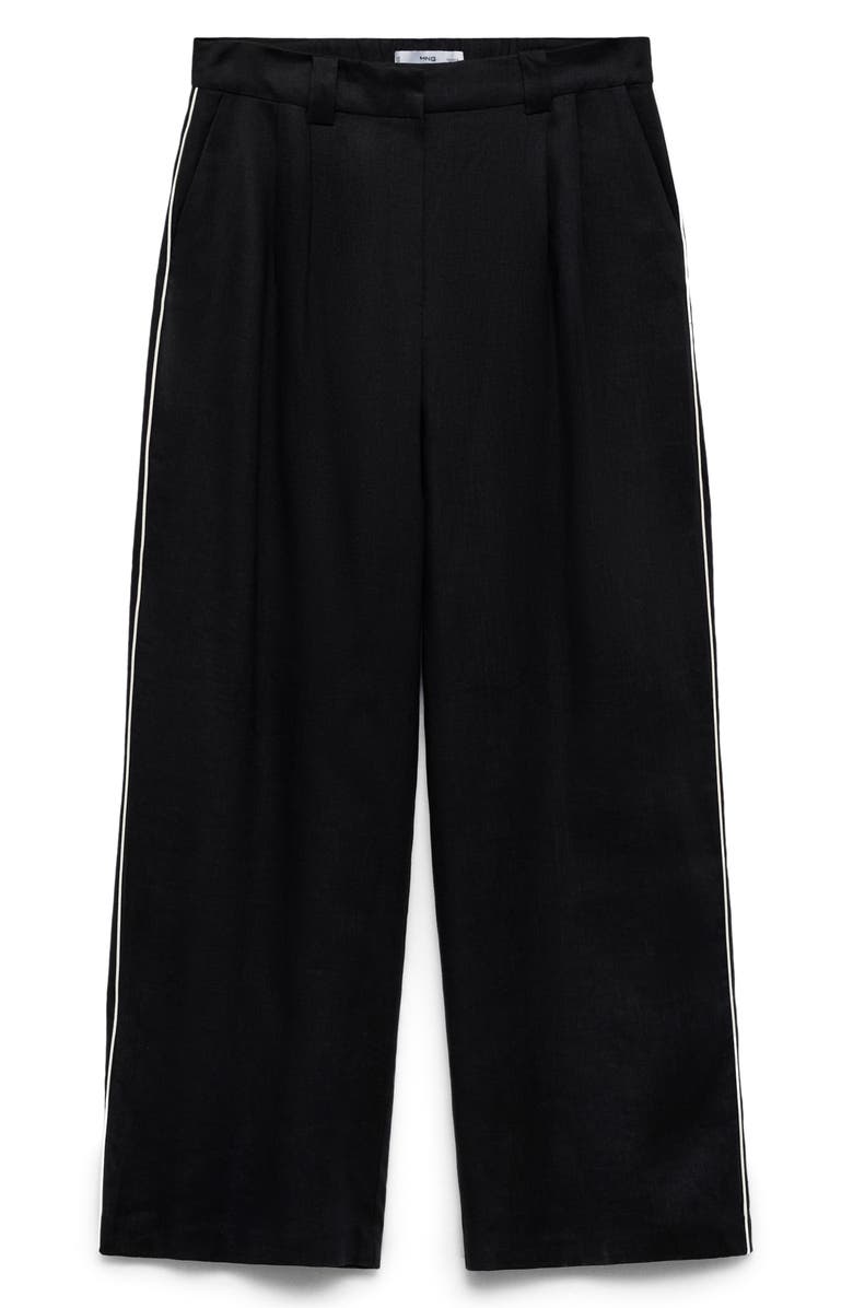 MANGO Contrast Piped Wide Leg Linen Pants, Alternate, color, Black
