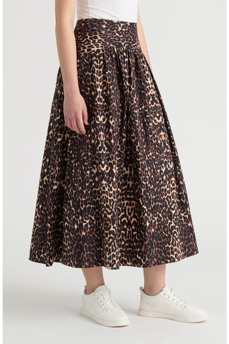 Poplin Gathered Midi Skirt, Alternate, color, LEOPARD