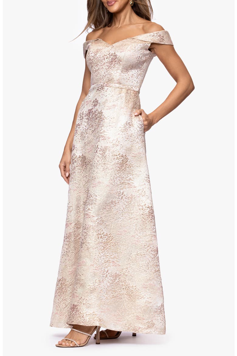 Jacquard Metallic Off the Shoulder Ballgown, Alternate, color, BLUSH/ GOLD