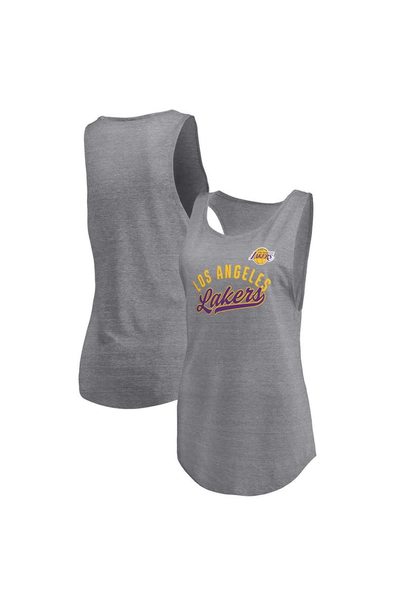FANATICS Women's Fanatics Heathered Gray Los Angeles Lakers Quality Time Open Scoop Neck Tri-Blend Tank Top, Alternate, color, Heather Gray