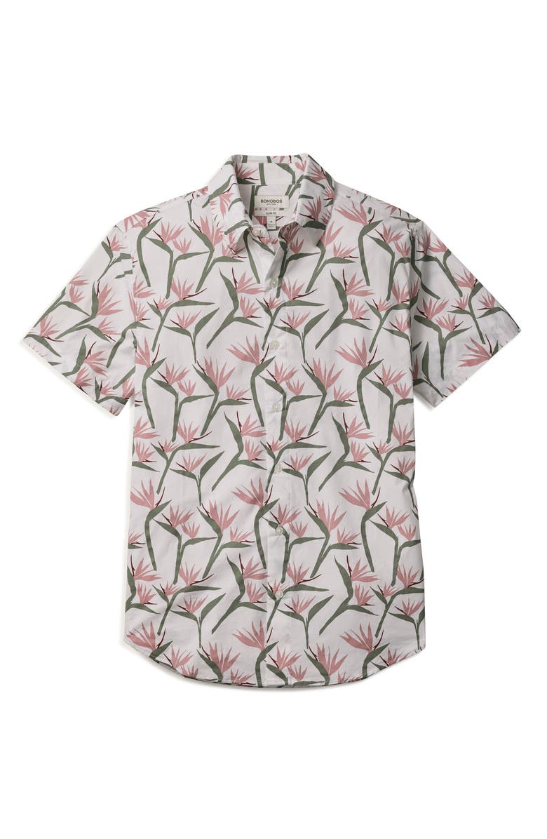 Bonobos Riviera Slim Fit Point Collar Short Sleeve Stretch Cotton Button-Up Shirt, Alternate, color, Birds Of Paradise