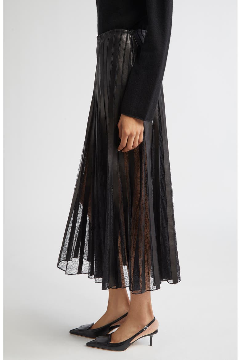 Alix Leather Strip & Lace Skirt, Alternate, color, BLACK