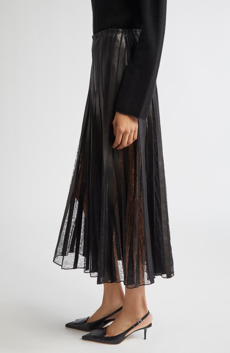 Brandon Maxwell Alix Leather Strip & Lace Skirt, Alternate, color,