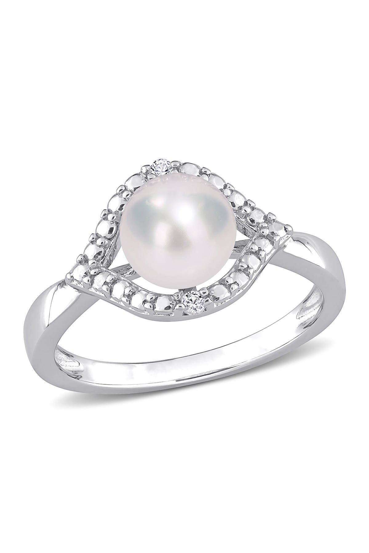 DELMAR Sterling Silver 7mm Cultured Freshwater Pearl & Sapphire Eye Ring