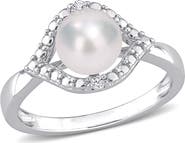 DELMAR Sterling Silver 7mm Cultured Freshwater Pearl & Sapphire Eye Ring