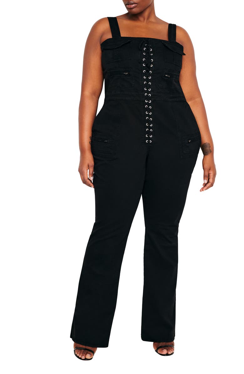 Good American Lace-Up Utility Twill Jumpsuit, Main, color, Black001