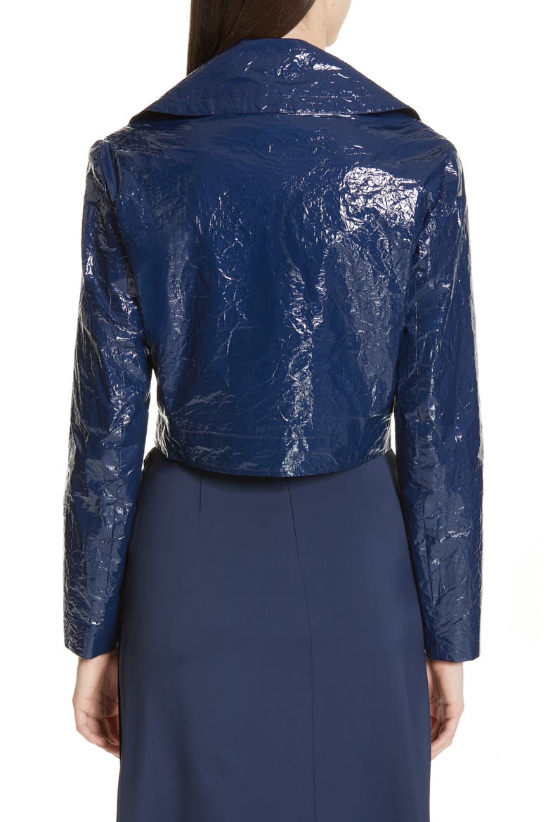 Annabelle Crinkled Faux Patent Leather Crop Moto Jacket, Alternate, color, NAVY