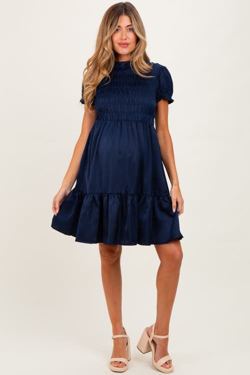 Pinkblush Satin Smocked Mock Neck Dress In Blue