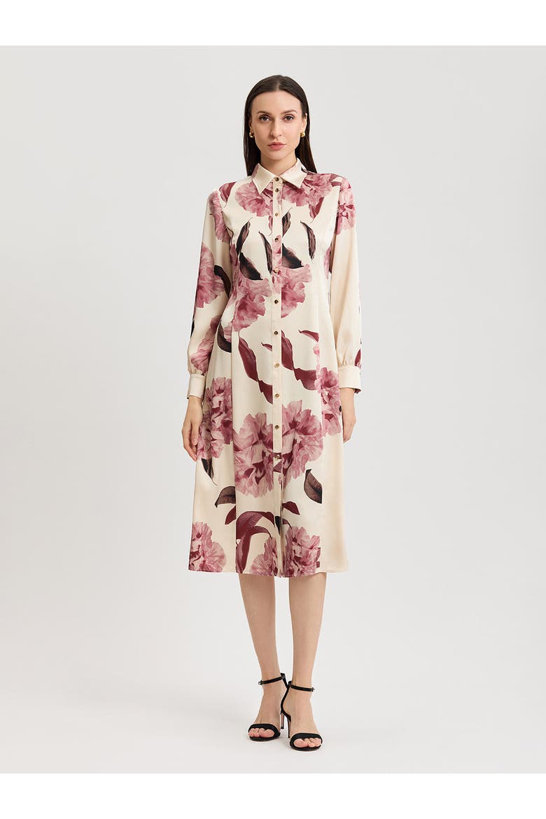 Floral Crepe de Chine Midi Shirtdress, Main, color, Honeysuckle/Russet/Charmeuse