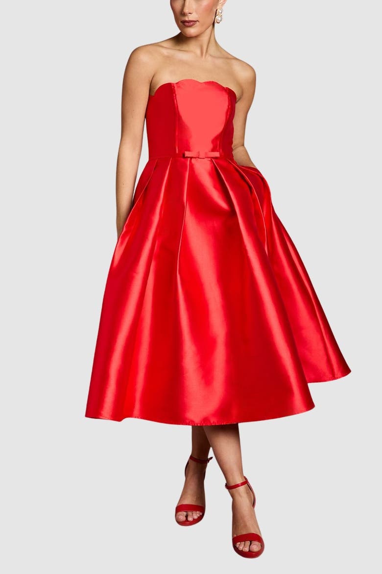 Scalloped Strapless Midi Dress, Alternate, color, Red