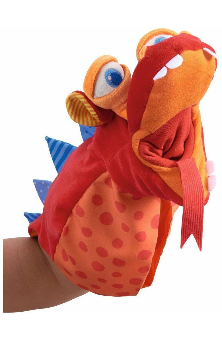 HABA Glove Puppet Eat it Up Dragon - Hand Puppet That Eats Small Objects, Perfect Toddler Toys for Ages 2-4, Sensory Hand Puppets, Preschool Toys, Alternate, color, Red Multi