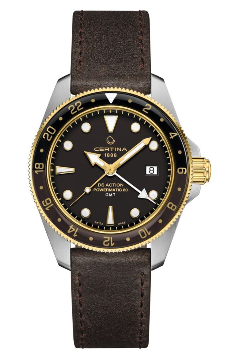 DS Action GMT Automatic Leather Strap Watch, 41mm, Main, color, STAINLESS STEEL PVD COATING