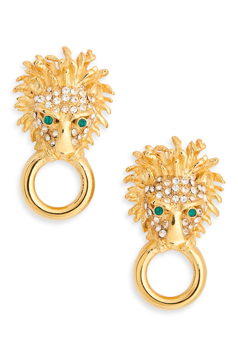 Pavé Crystal Lion Doorknocker Earrings, Main, color, GOLD