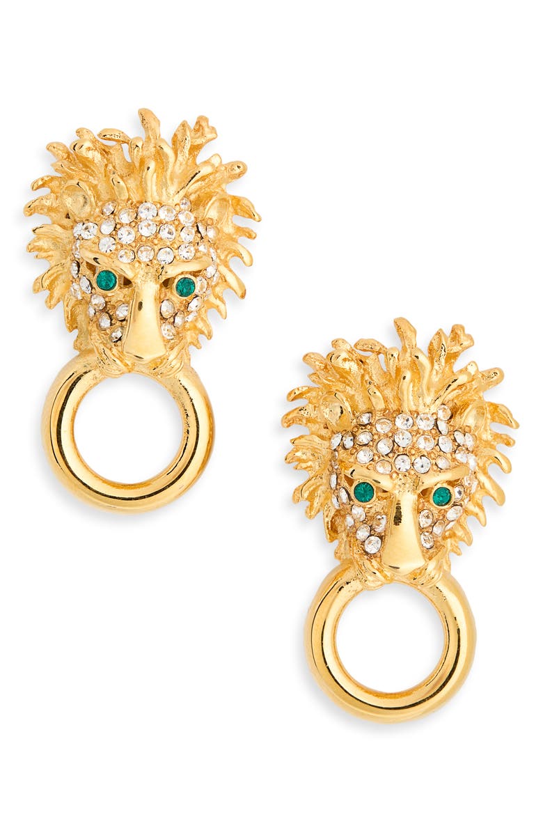 Kenneth Jay Lane Pavé Crystal Lion Doorknocker Earrings, Main, color, Gold