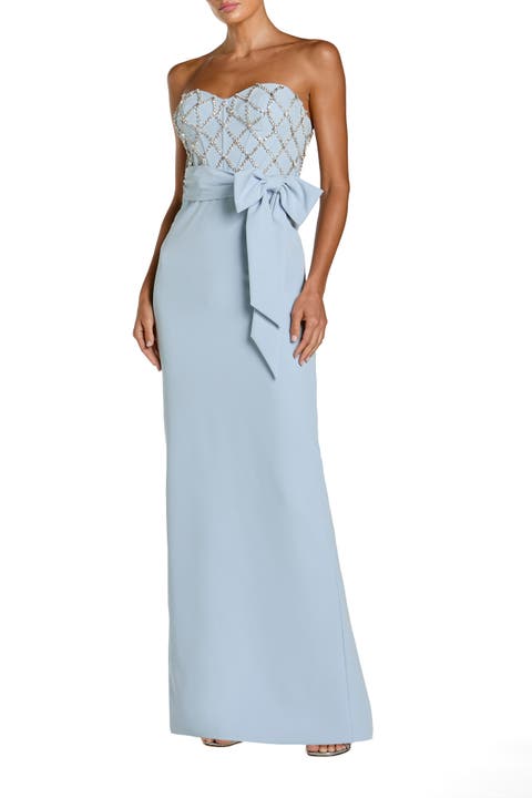 Strapless Crepe Embellished Bustier Gown With Bow