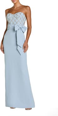 Mac Duggal Strapless Crepe Embellished Bustier Gown With Bow