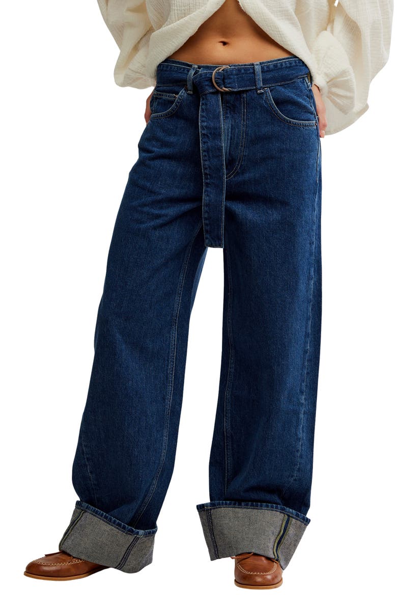 Free People East Bay Belted Cuffed High Waist Wide Leg Jeans, Main, color, Concord