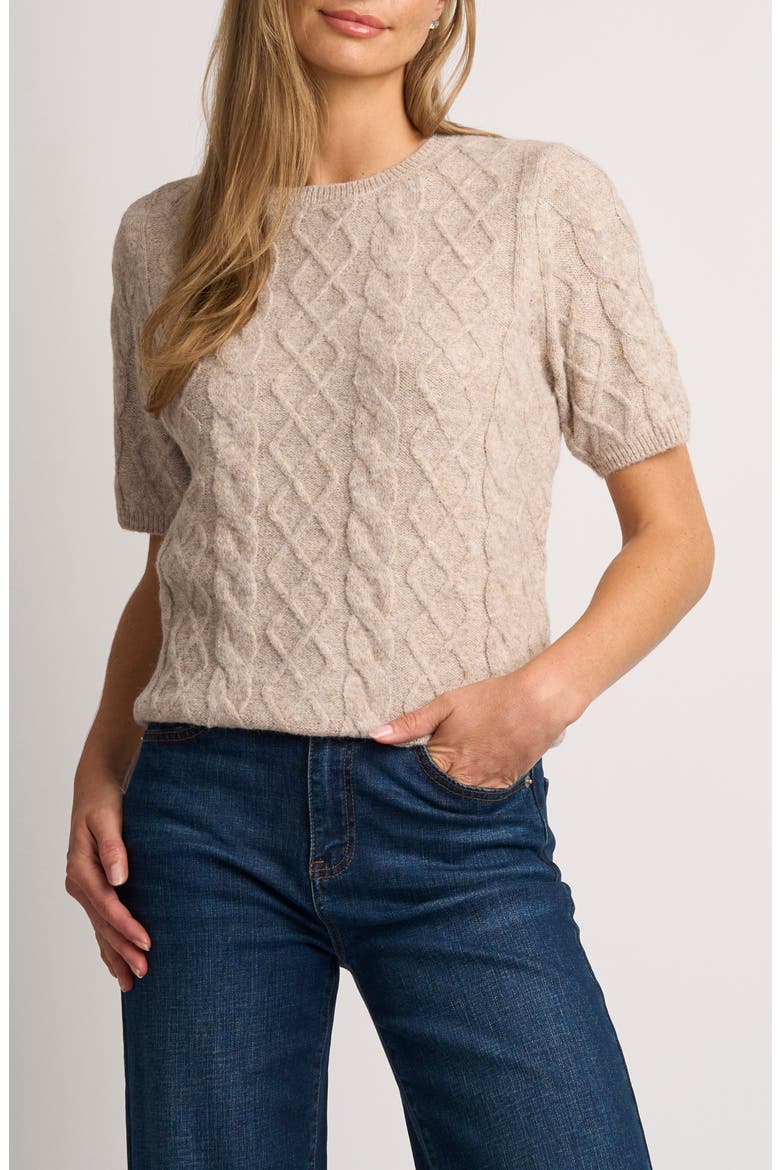 Fuzzy Cable Stitch Short Sleeve Crewneck Sweater, Main, color, SANDY PERU