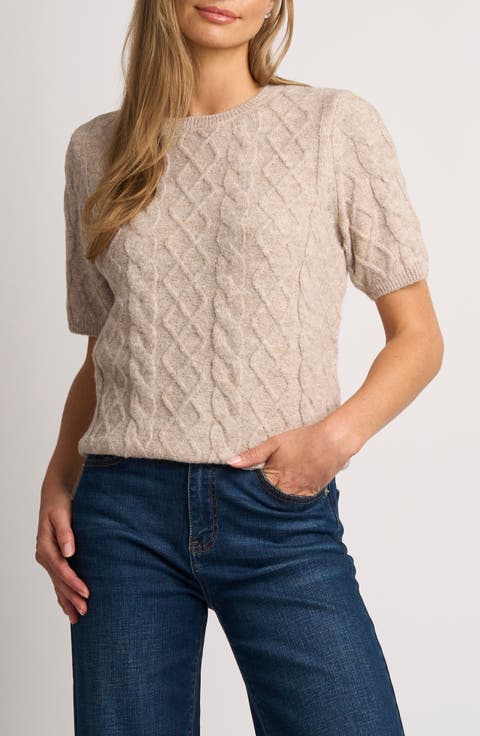 Fuzzy Cable Stitch Short Sleeve Crewneck Sweater