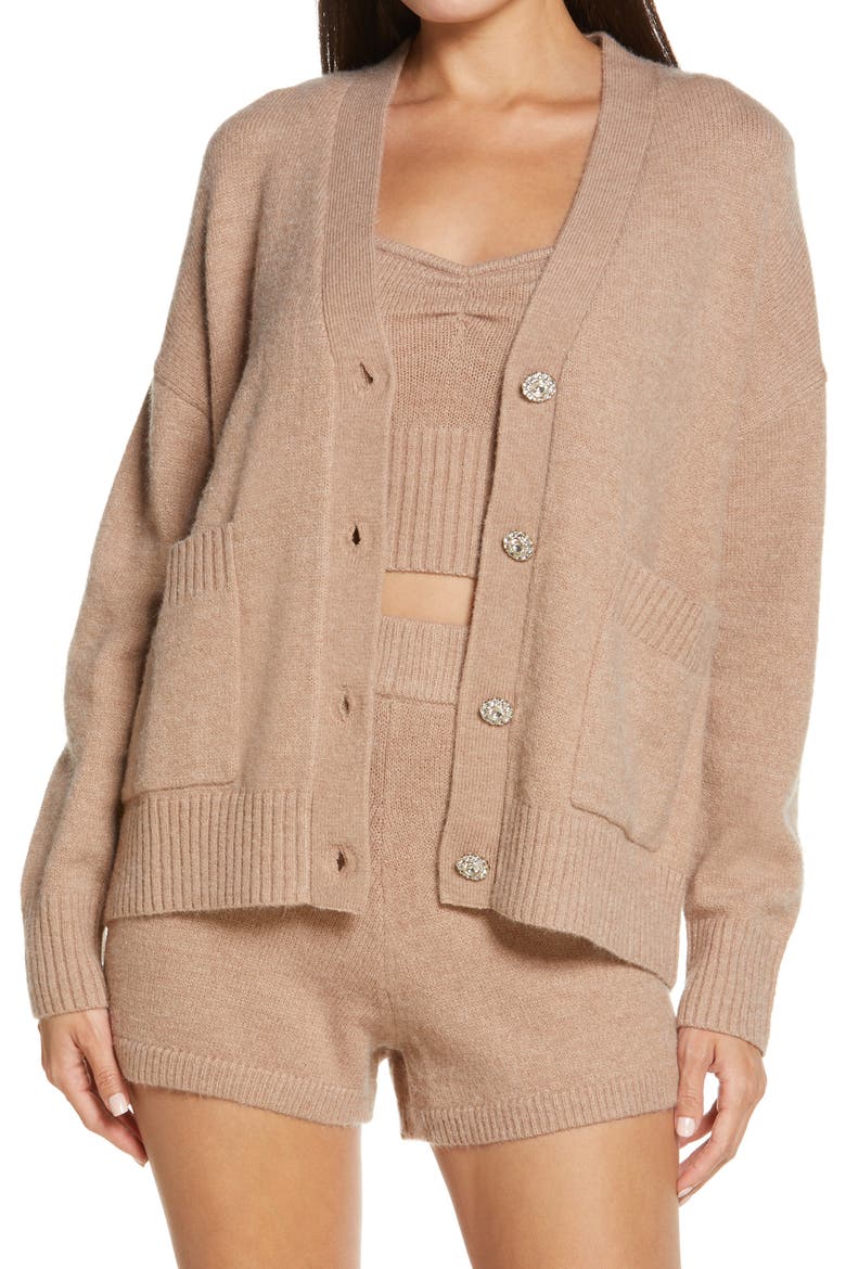 Rhinestone Button Cardigan & Crop Camisole Set, Main, color, WARM SAND