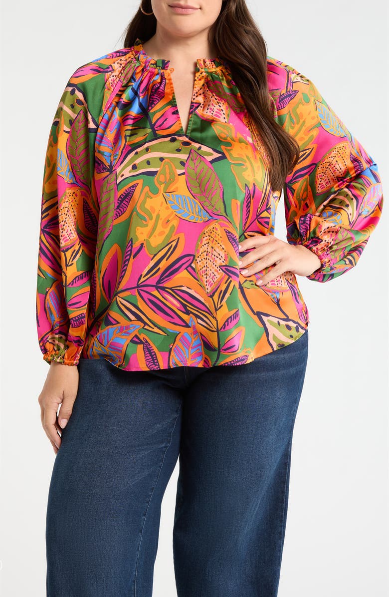 SUGARLIPS Floral Jovie Satin Split Neck Top, Main, color, Orange-Pink-Multi