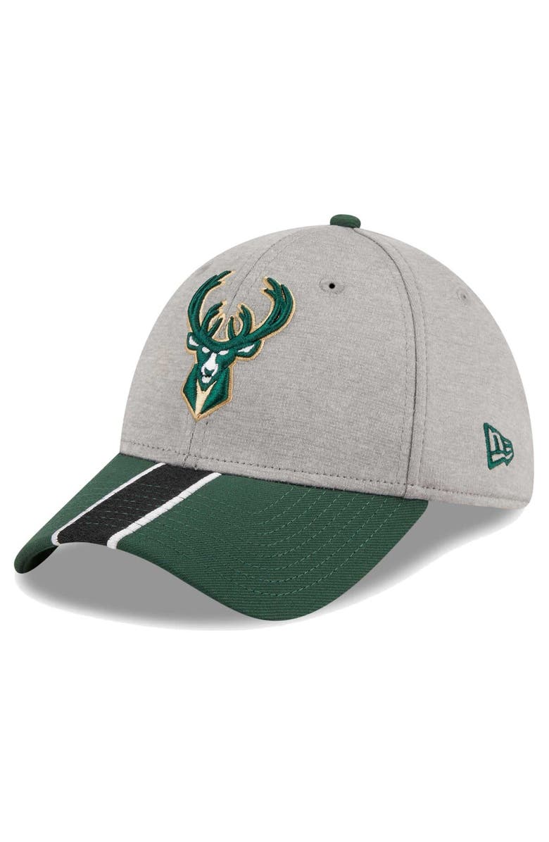 New Era Men's New Era Gray/Hunter Green Milwaukee Bucks Striped 39THIRTY Flex Hat, Main, color, 