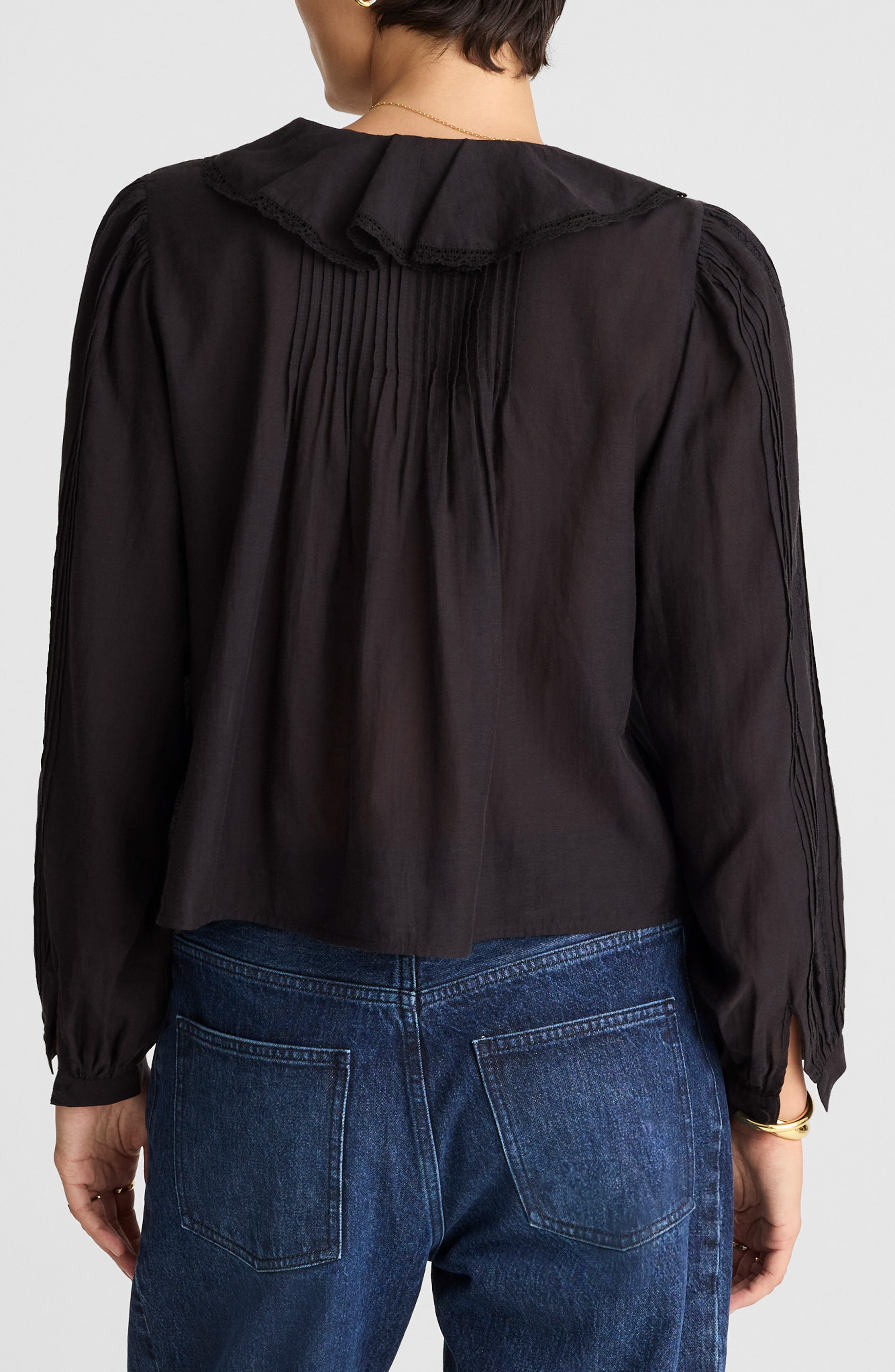 Lace Insert Ruffle Pintuck Long Sleeve Top - image 2
