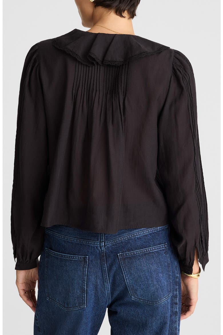 Lace Insert Ruffle Pintuck Long Sleeve Top, Alternate, color, JET BLACK