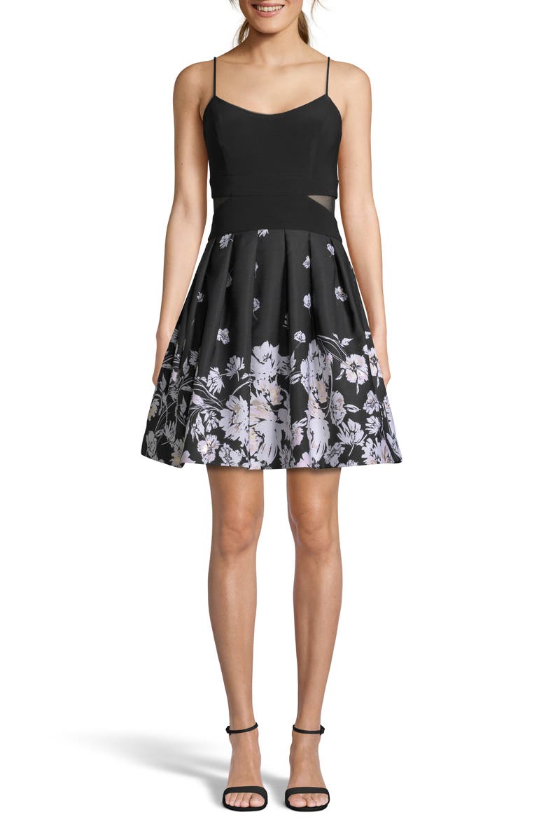 Xscape Mesh Inset Print Pleated Party Dress, Alternate, color, BLACK/ IVORY