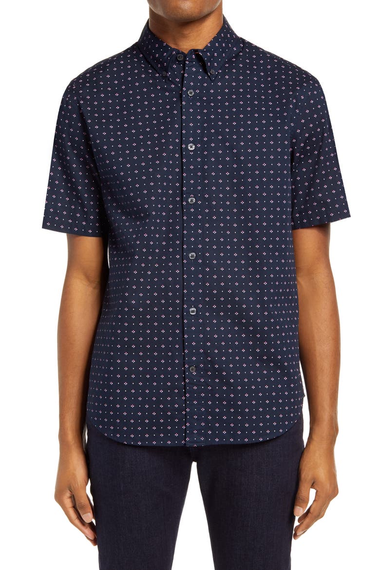 Slim Fit Floral Short Sleeve Button-Down Shirt, Main, color, NAVY MULTI
