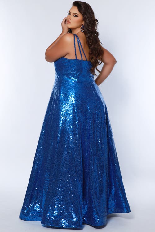 Sydney's Closet Sequin Scoop Neckline Plus Size A-line Gown In Cobalt