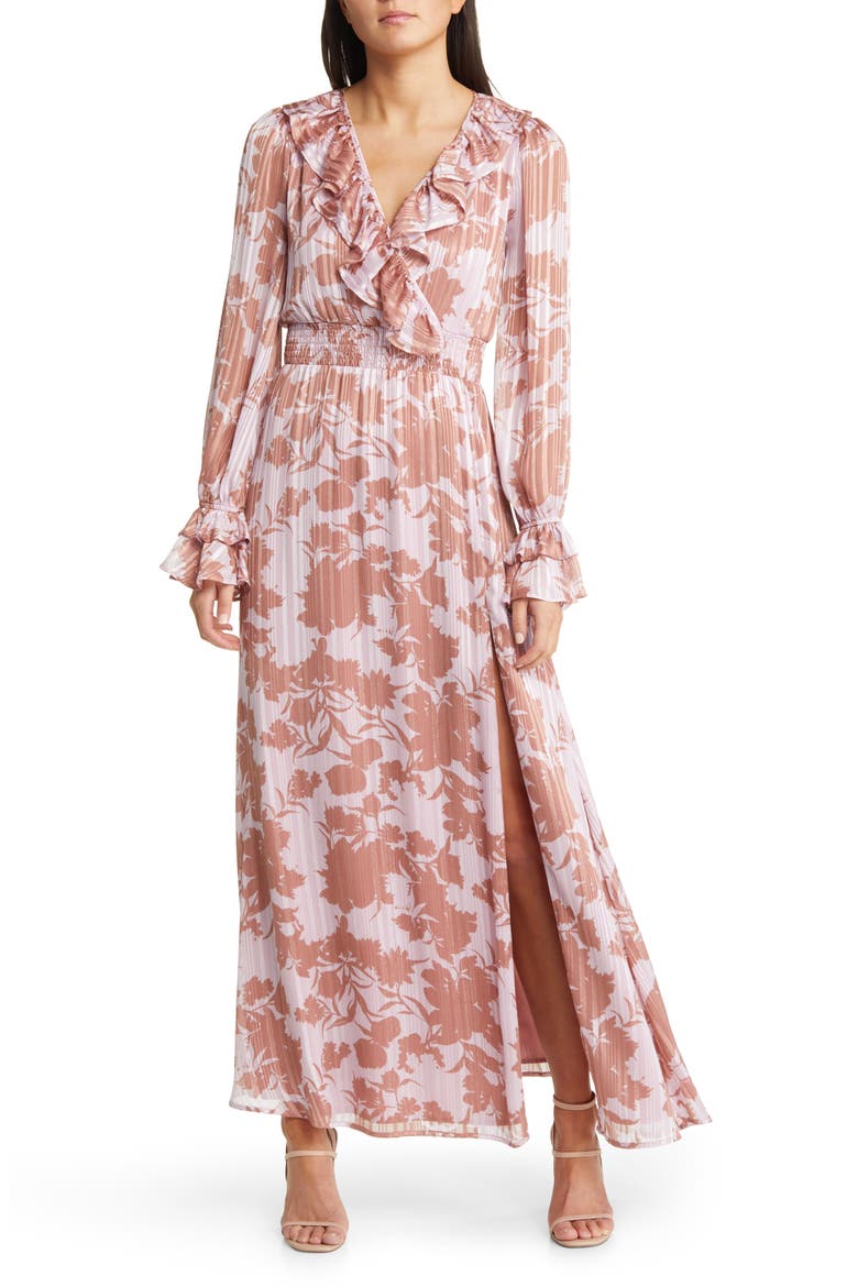 Exquisite Attention Floral Long Sleeve Maxi Dress, Main, color, LILAC FLORAL PRINT