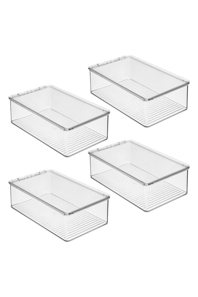Stackable Plastic Shoe Box with Hinged-Lid for Sneakers, Sandals, and Flats, Set of 4, Clear, Main, color, Clear