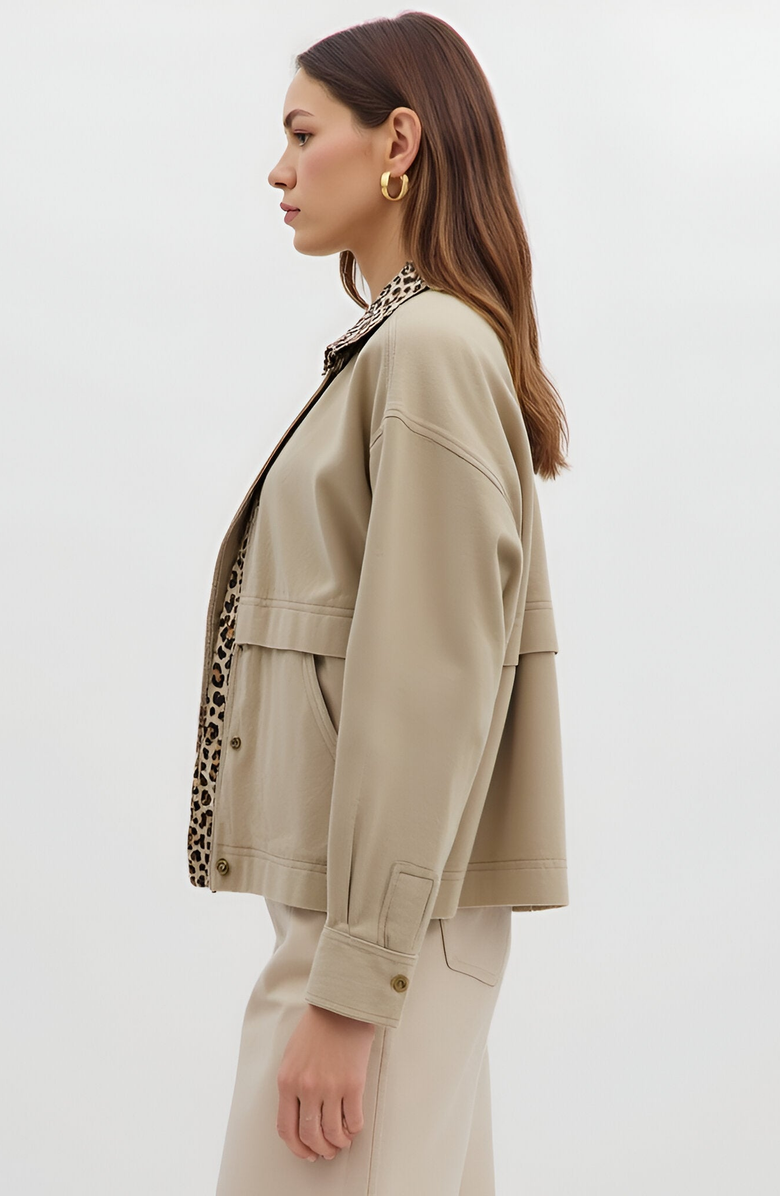 Modenaire Cropped Utility Jacket with Leopard Collar, Alternate, color, Beige / Leopard Print