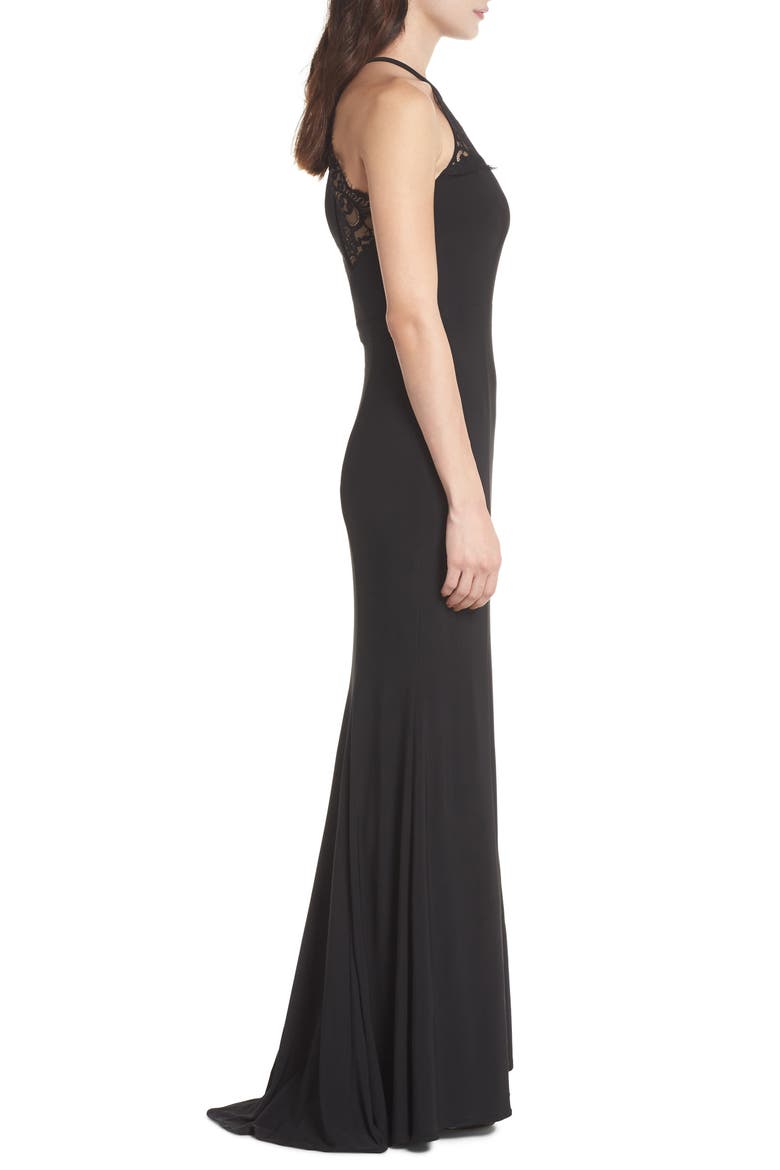 Xscape Lace Neck Halter Gown, Alternate, color, BLACK