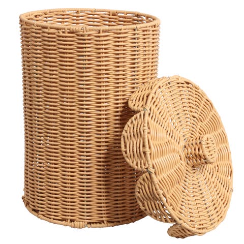 Resin 2.9-Gallon Cylinder Wicker Watebasket with Scalloped Lid