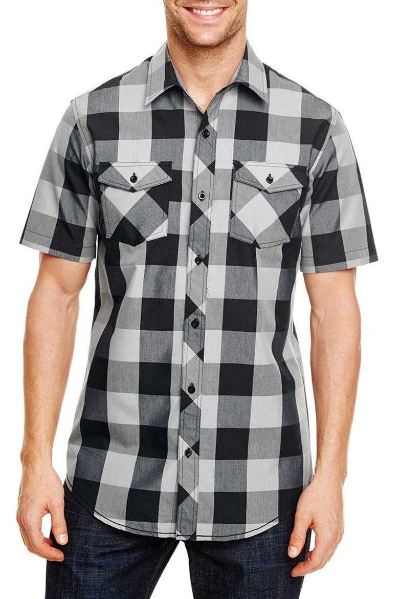 Short Sleeve Plaid Shirt, Main, color, BLACK/WHITE