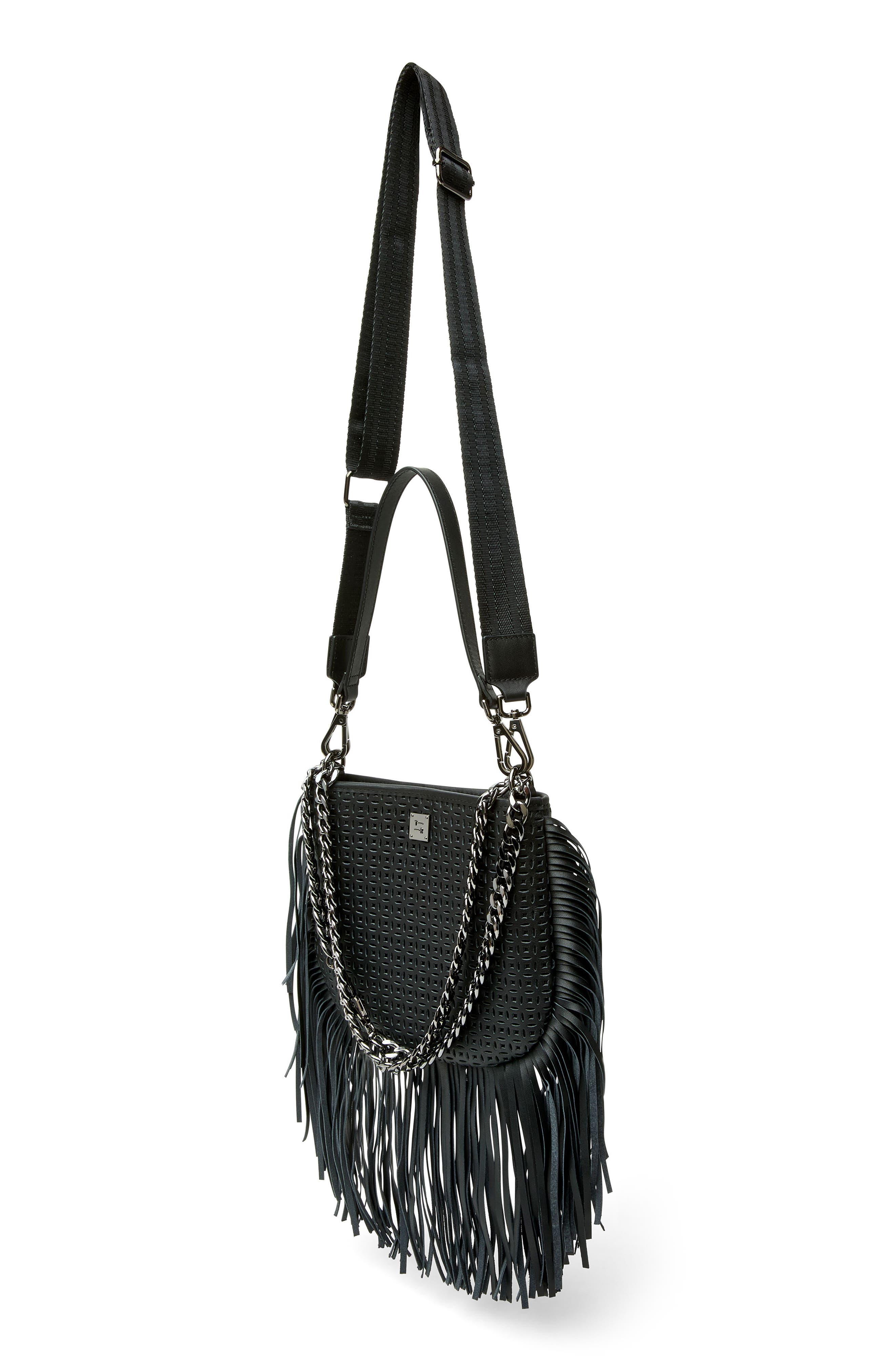 THINK ROYLN Free Spirit Fringe Saddle Bag, Alternate, color, Black Perforated Leather