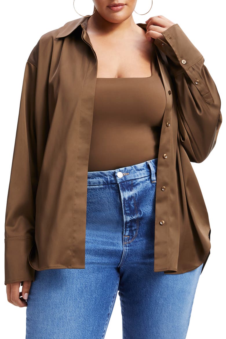 Stretch Satin Button-Up Shirt, Alternate, color, LIGHT MOCHA004