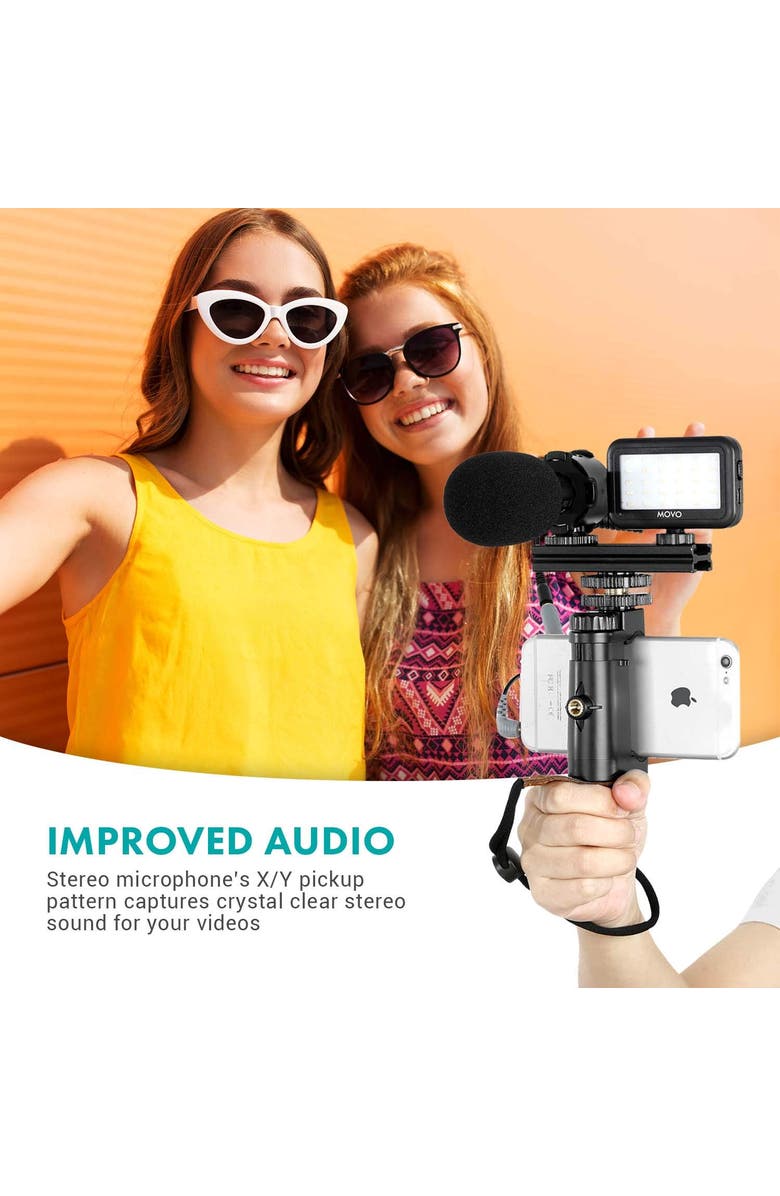 MOVO Vlog Kit V7 - YouTube Starter Kit with Grip, Stereo Microphone, Light, and Wireless Remote, Alternate, color, Black