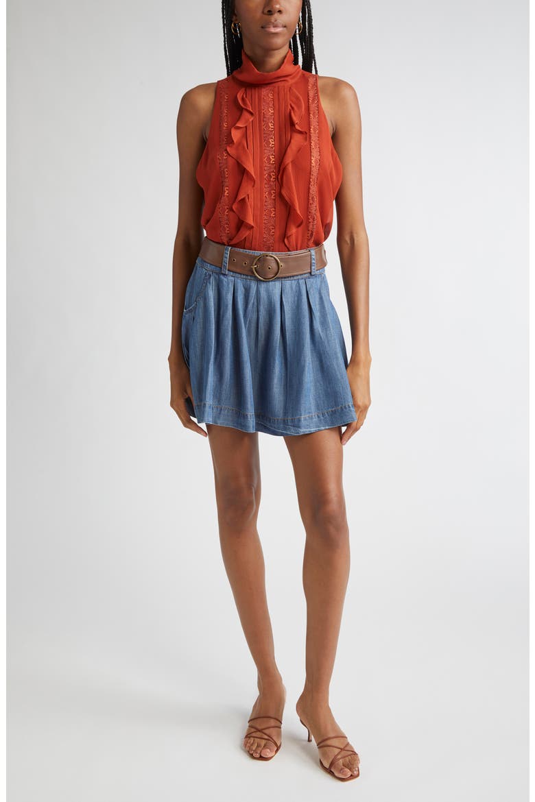 Christing Lace & Ruffle Detail Sleeveless Silk Top, Alternate, color, AMBER