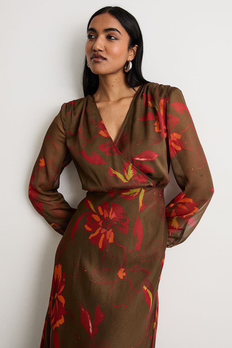 Printed V Neck Tie Detail Midi Dress, Alternate, color, Brown