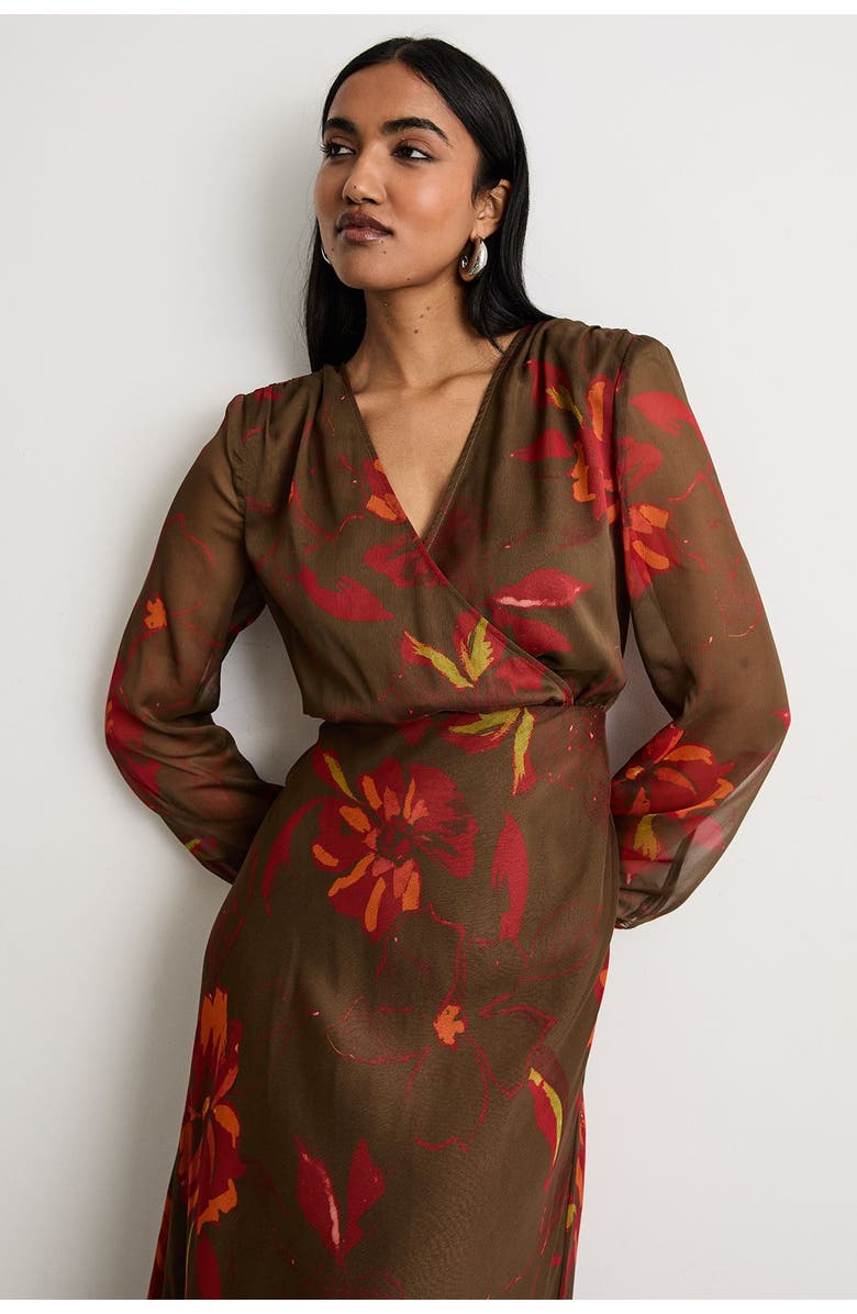 Warehouse Printed V Neck Tie Detail Midi Dress, Alternate, color, Brown