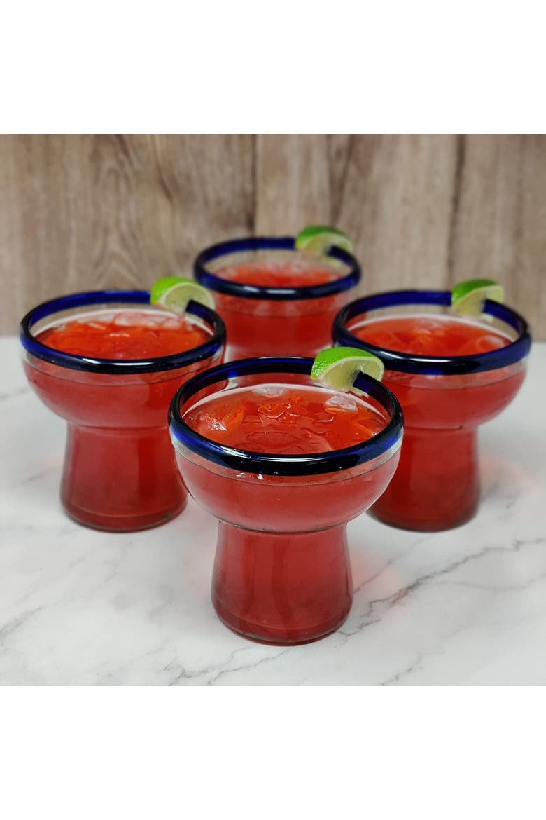 Hand Blown Stemless Margarita Glasses - Set of 4, Alternate, color, Cobalt Rim